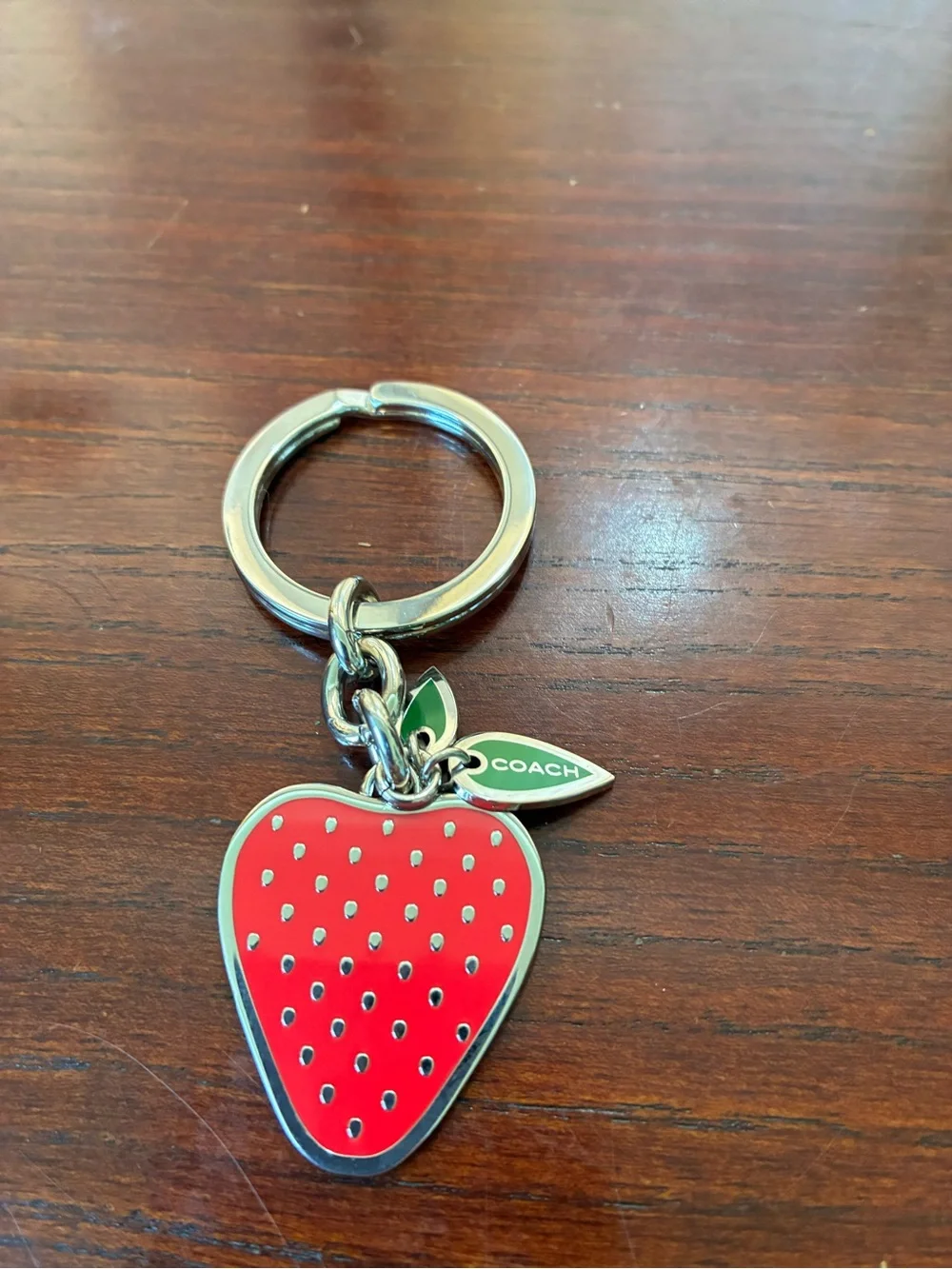 Coach Red Strawberry Enamel Keyring with Green Leaf Charm